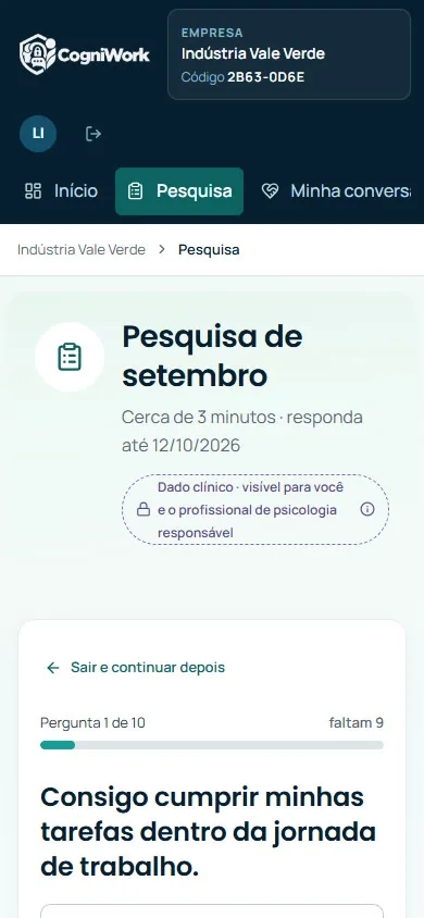 Pesquisa do colaborador no celular: cerca de 3 minutos, pergunta 1 de 10.